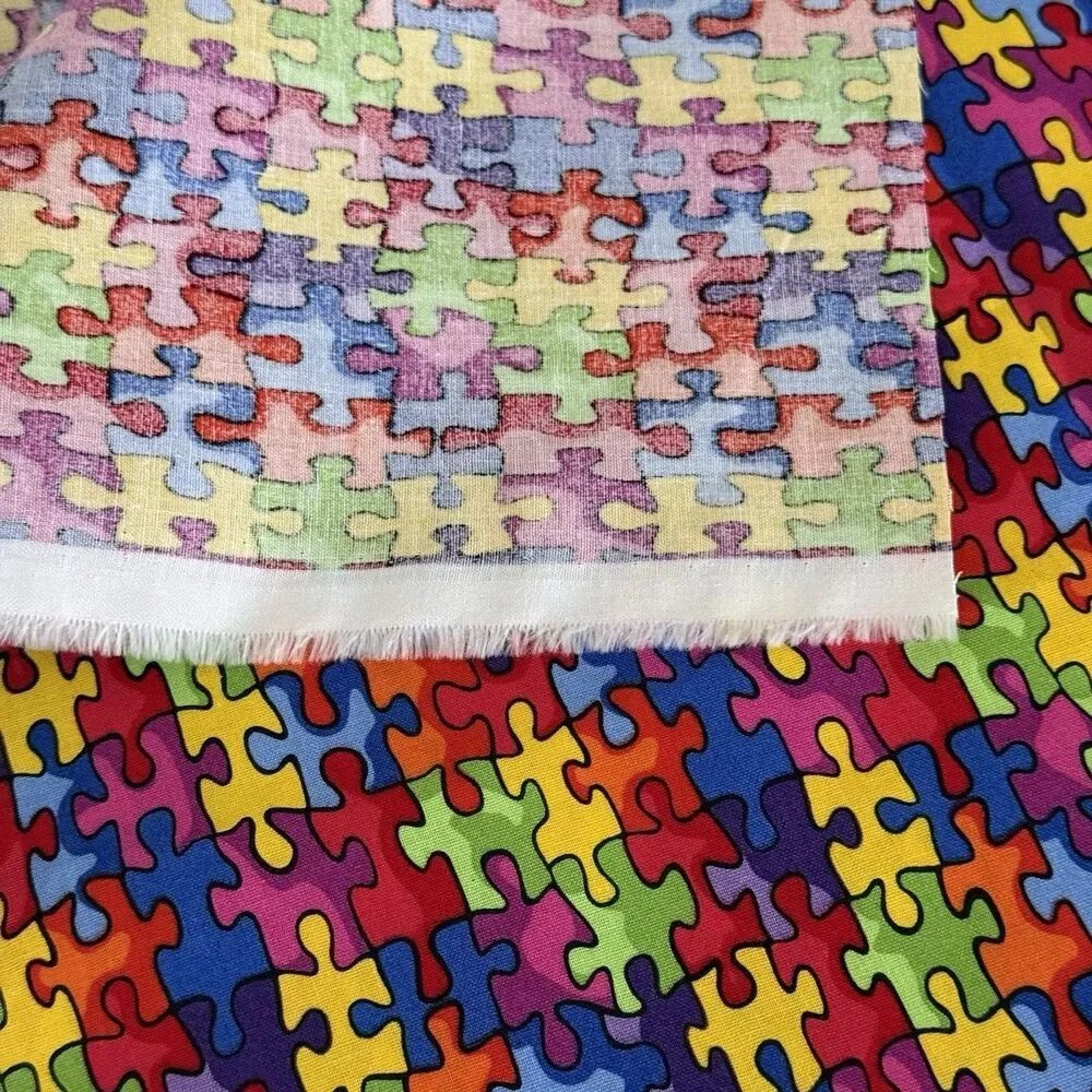 Jigsaw Puzzle Quilt Fabric AUTISM AWARENESS Cotton Print BTY Rainbow Sew 19596